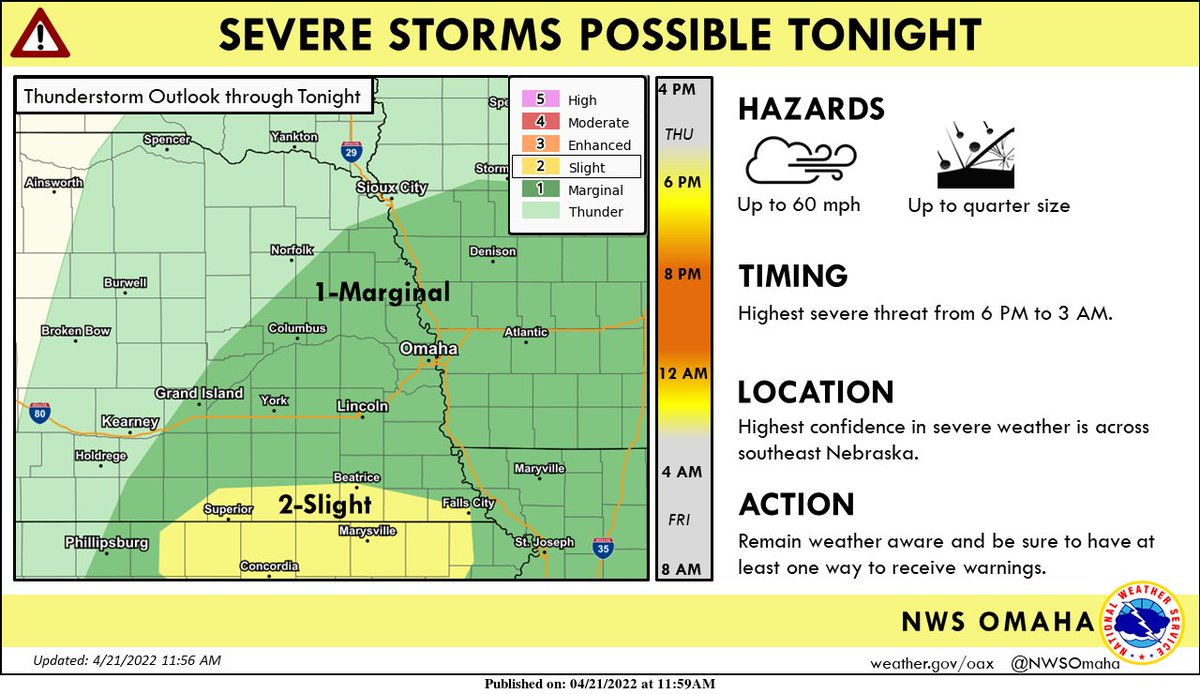 NWSOmaha's tweet photo. There will be a chance of strong to severe storms this evening and tonight. The most likely window of time for severe storms is 6 pm to 3 am. A storm or two could have gusty winds up to 60 mph and hail up to quarter size. Most storms would likely have heavy downpours of rain. https://t.co/mGsIsRS8TK