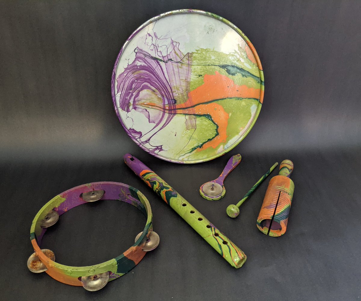 LClarkLSEarts's tweet photo. We tried hydro dipping in 4th grade and repurposed some instruments as part of an integrated unit on waves. These pieces will be available at our upcoming silent auction! #hydrodipping #recycleart #waves @LSEArts @cpsfinearts @CPSScience @donohoLSEArts @GuiseLSEArts @HelmLSEArts https://t.co/WYZuLJ3Xeh