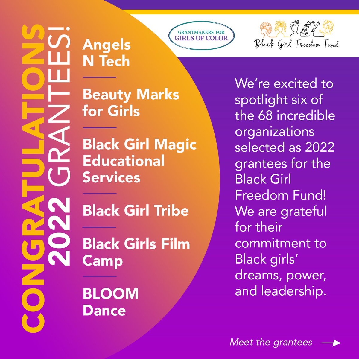 Get to know some of our newest <a href="/BlkGrlFreedom/">Black Girl Freedom Fund</a> grantee partners! Over the next several weeks, we'll be highlighting 68 empowering organizations committed to the dreams, power and joy of Black girls, femmes &amp; gender-expansive youth.
 
Here are our first 6! #1Billion4BlackGirls