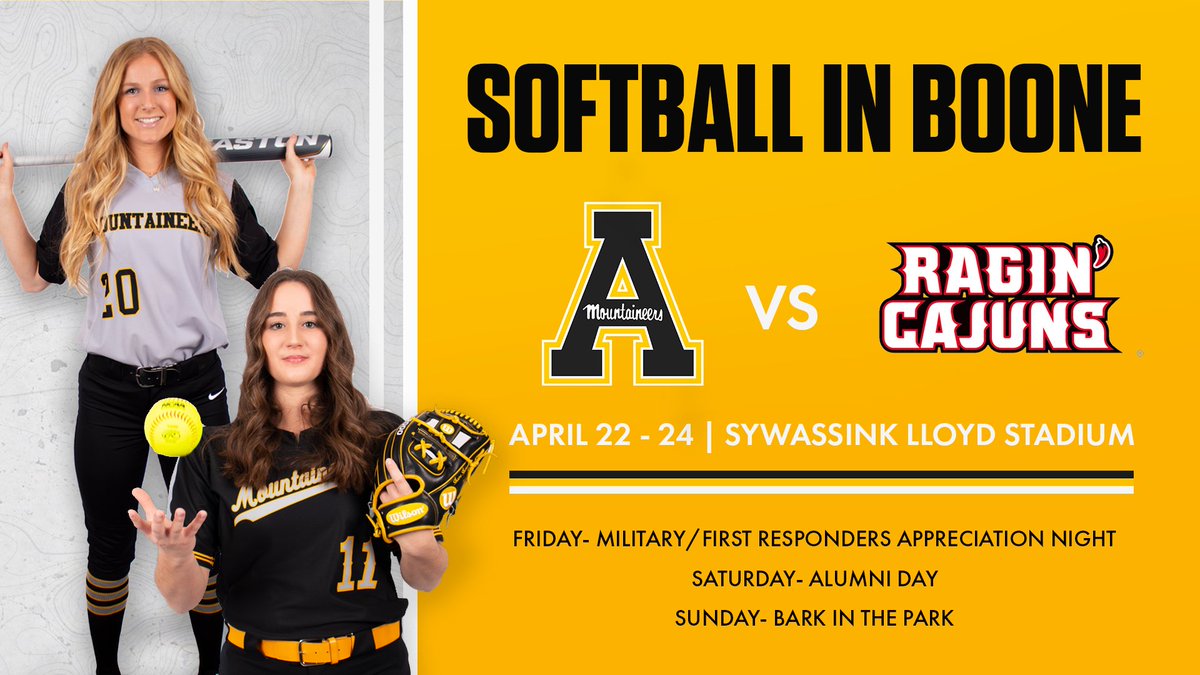 #AppNation, softball in Boone is back! 🥎⛰️☀️

We have a weekend filled with many different exciting things. Come out and support the team!

Fri. - Military and First Responders Day 🇺🇸🪖🚓🚒🚑

Sat. - Alumni Day ⚫️🟡⚪️

Sun. - Bark in the Park 🐶
