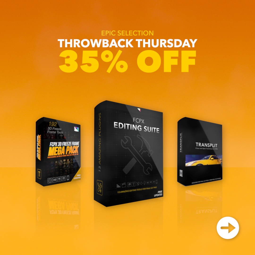 PixelFilmStudio's tweet image. It's Throwback Thursday! Save 35% off today only (just for you!)😉Check out these classics and speed up your editing with this week's awesome effects! 

🔗Check out the sales with the link in bio or here! 👇
bit.ly/PFSsaleoftheday

#fcpx #fcpxplugin #tbtsale #sale