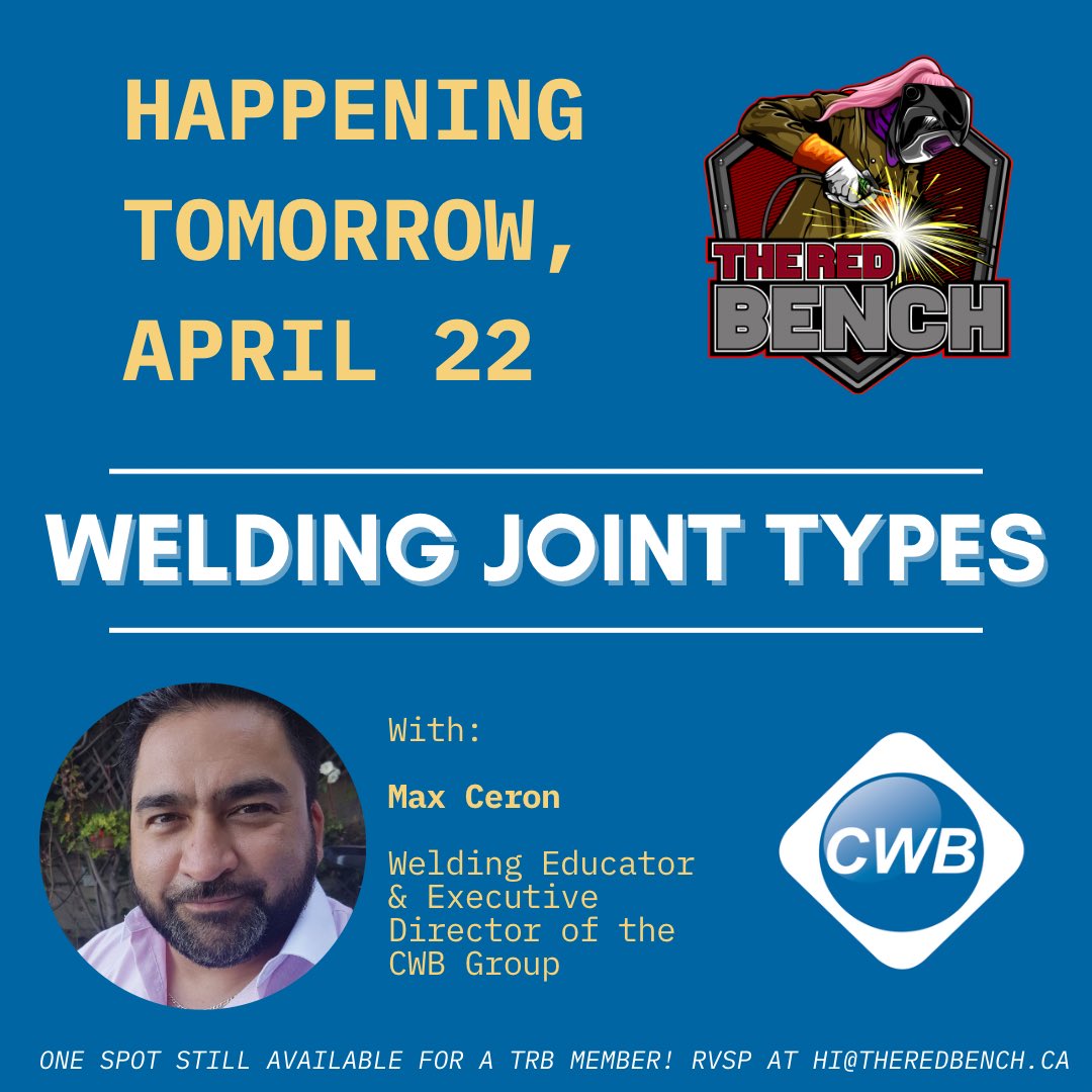 theredbenchyeg's tweet photo. We still have ONE spot available for our FREE welding joint types workshop with Max Ceron of the CWB (@cwbgroupwelding)
#TRB #CWBgroup #theredbenchYEG #workshop #guestworkshop #welding #YEG https://t.co/uesemDxChL