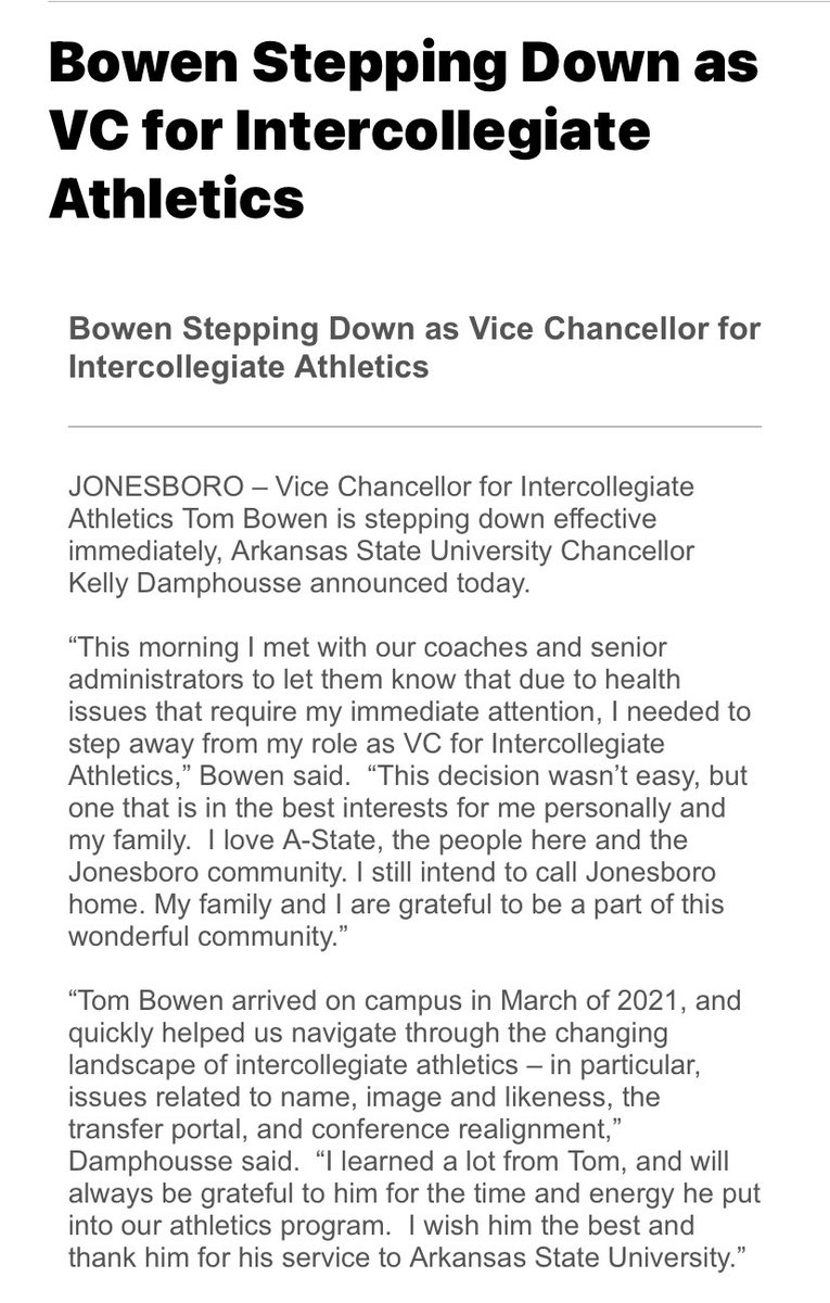 BREAKING
 Former <a href="/uofmemphis/">University of Memphis</a> AD Tom Bowen is stepping down from his current post at <a href="/ArkansasState/">Arkansas State</a> immediately citing health issues.