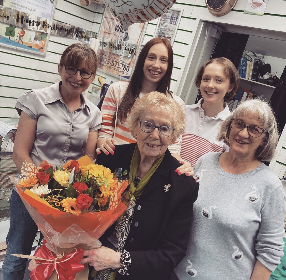 StRoccos's tweet photo. Happy 100th Birthday Gladys!
Gladys has been volunteering with us for 31 years!
Here she is celebrating with Carol, Jen, Charlotte and Mal in our Lymm shop.
Thank you Gladys what an amazing lady you are π
#stroccos #stroccoshospicewarrington
#stroccoscharityshop https://t.co/7kjfDqt1Dy