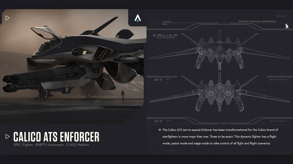staratlas's tweet photo. Everybody has a fight or flight response, but this Calico ATS Enforcer comes equipped with fight AND flight. With three different modes of control, you're unlikely to stand a chance against this fighter 🚀

Available NOW on the Galactic Marketplace ✨
→ https://t.co/hmSm71EKju https://t.co/9nQPcZ6jM1