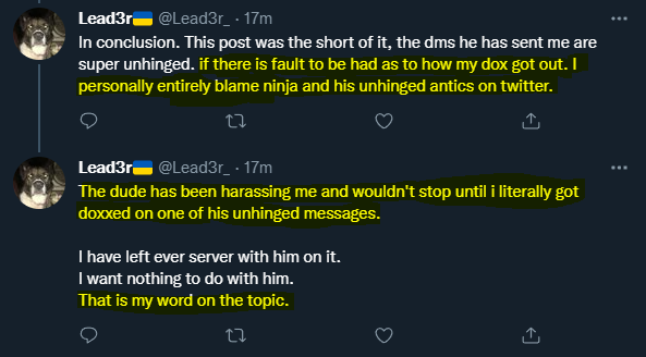 Kairu_Kilofski's tweet photo. Remember when Leader blamed Ninja for him being doxxed? I do. And so should you. But a few months later the story changes. https://t.co/Iu1BpUDatf