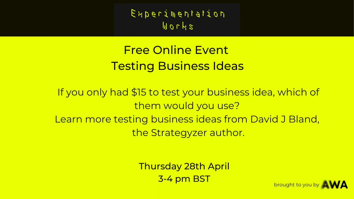 If you only had $15 to test your business idea, which would you use? Learn more testing business ideas from author @DavidJBland at our free event on 28 April. Giveaway - 20 free copies of his book Testing Business Ideas.
Sign up here:
buff.ly/3xkNS43
#Experimentation