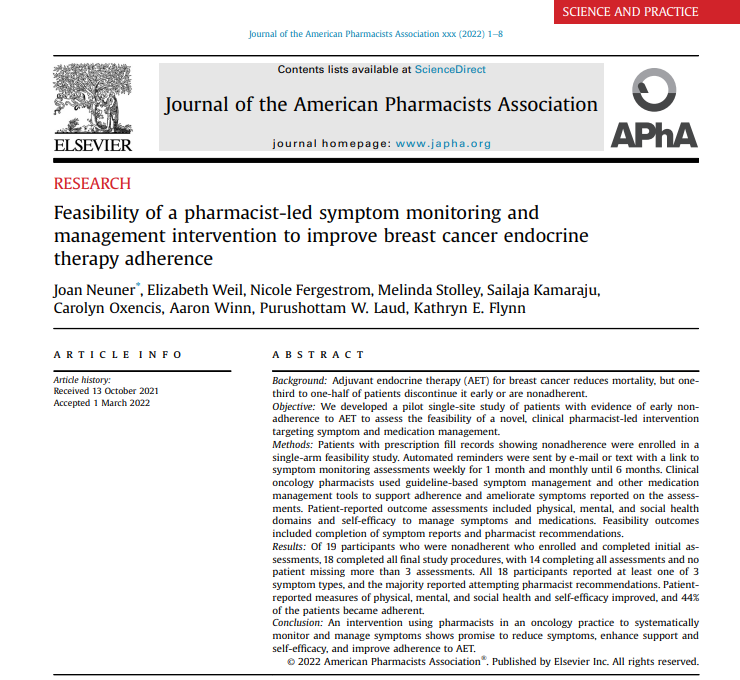 JAPhAJournal's tweet photo. IN PRESS: @neuner_joan @MedicalCollege A pilot study testing whether oncology pharmacists can use routinely collected patient symptom reports shows promise in improving breast cancer endocrine adherence.
#TwitteRx #pharmacists #medadherence
https://t.co/weXrbYHi5w https://t.co/TMU3QVDK8F