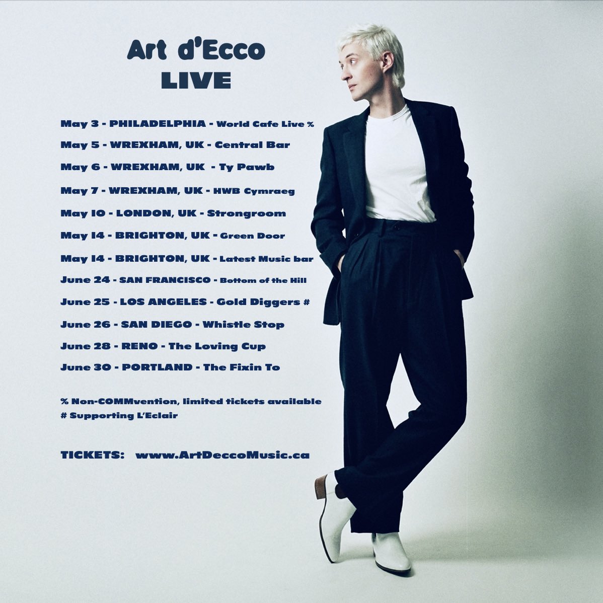 artdeccomsic's tweet photo. ⚡️S P R I N G F L I N G ⚡️ tickets for the USA shows go on sale tomorrow, links at https://t.co/iObE9ocYMK 

Philly tickets via @wxpnfm 
Wrexham tickets via @FocusWales 
Brighton tickets via @thegreatescape https://t.co/OYSv2RdGL4