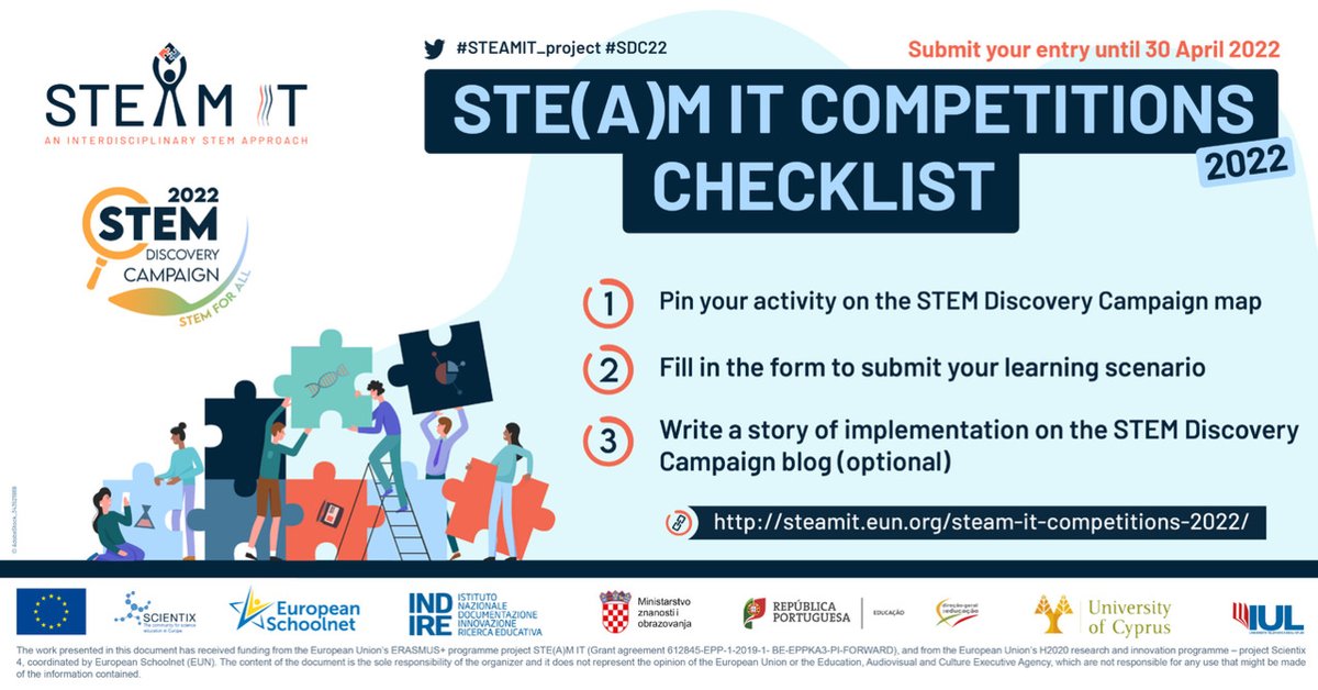 scientix_eu's tweet photo. There are only a few days left to finalize and submit your entry for one of the #STEAMIT_project competitions and have a chance to join the STE(A)M IT Career Advisers Network! 🔥
👉 Follow the steps on the competitions page: https://t.co/O0fOT5rcNl
SDC22 #integratedSTEM https://t.co/aHFNrkvtsM