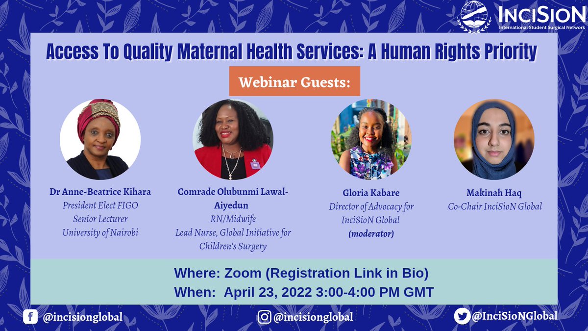 💻Join our exciting and informative webinar on Access to Quality Maternal Health Services : A Human Rights Priority                                                                  
🗓 23rd April, 2022 
🕒 3 - 4 pm GMT
✍🏽Register via the following link:
bit.ly/3rKRuZp