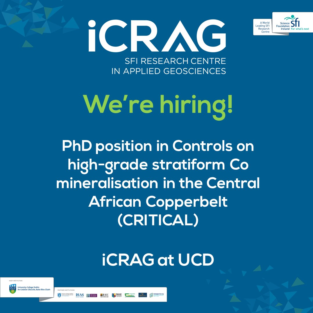 We're #hiring! PhD position in Controls on high-grade stratiform Co mineralisation in the Central African Copperbelt (CRITICAL) based at <a href="/UCD_Earth_Sci/">UCD Earth Sciences</a>. Details icrag-centre.org/about-us/vacan…