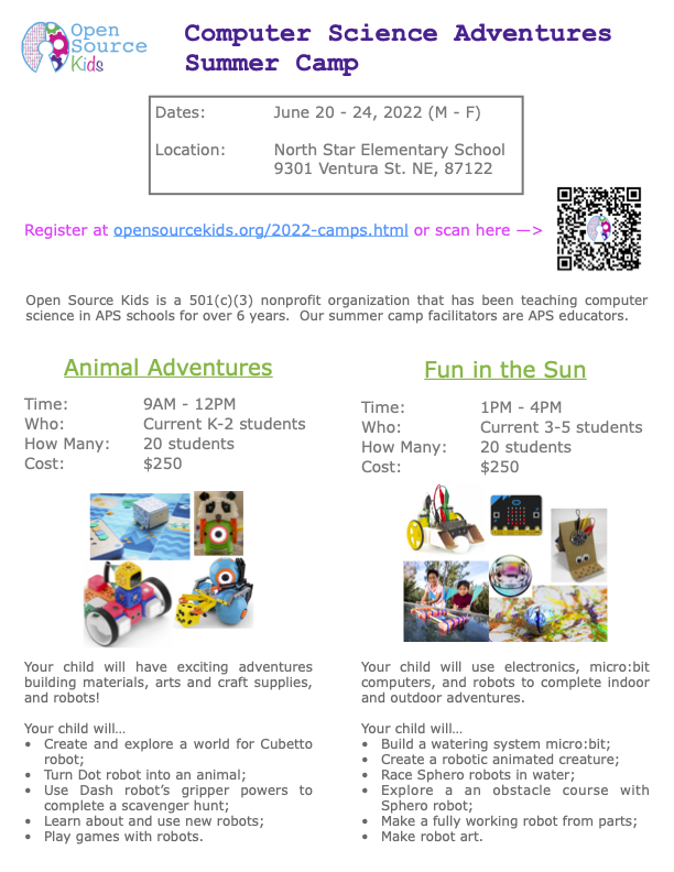 opensource_kids's tweet photo. Are you an ABQ parent looking for a high-quality summer camp for your K-5 grader taught by APS educators?  Check out our Computer Science Adventures Summer Camp! https://t.co/Ccx3FFK8jU
