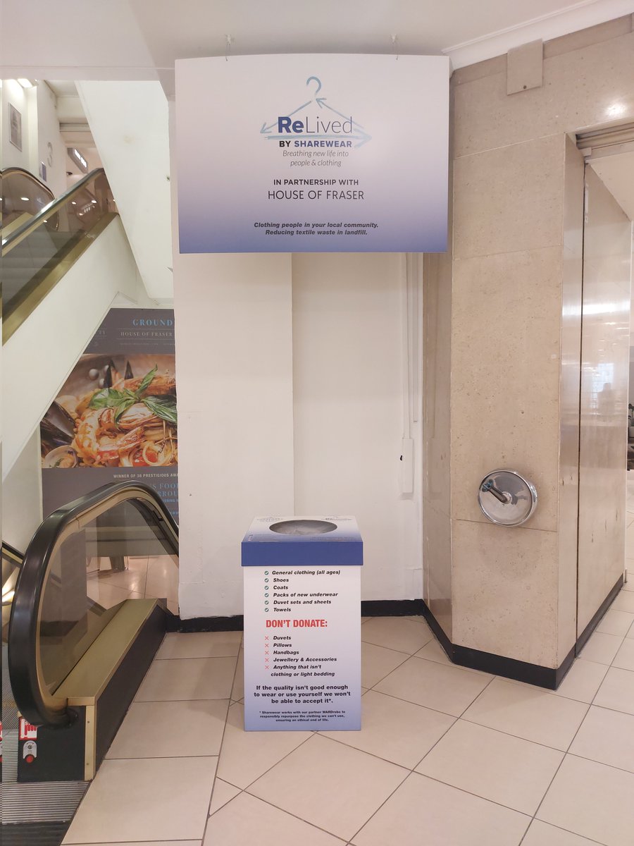SharewearManc's tweet photo. Introducing #ReLived by @SharewearUK, now available on Floor 2 @houseoffraser Manchester. 

If you've got any clothes you no longer wear, this is where to take them - it couldn't be easier!

By donating, YOU will be reducing #clothingwaste and helping people in #clothingpoverty💜 https://t.co/6bLH8xUu0L