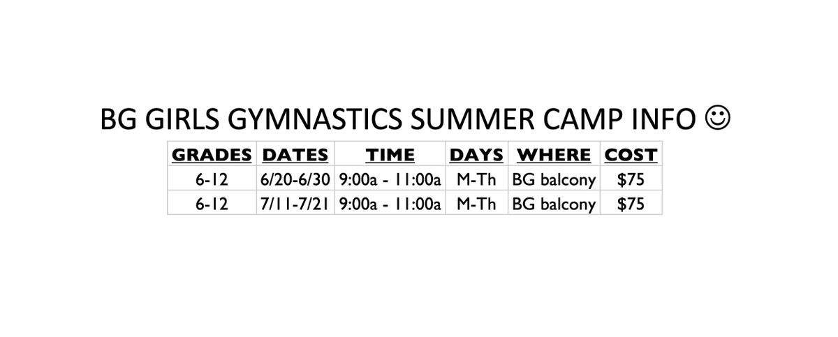 MrsRivera214's tweet photo. Don’t forget to sign up for our @BG_Bison girls gymnastics summer camp!!! COME TO BOTH SESSIONS IF YOU CAN! Coach Sanchez &amp; I would love if you could join us. Details below. 
Registration info here: https://t.co/YvWPtujuud 
Link to register here: https://t.co/qsyUyCPYCt https://t.co/CXWi44WoyI