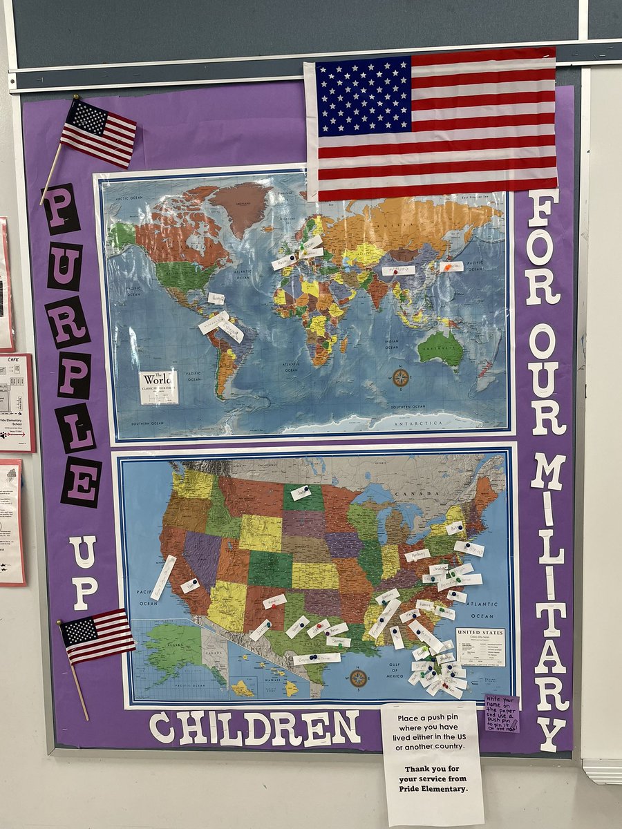 PrideElem's tweet photo. Purple Up Day at Pride Elementary! We appreciate our military families. Thank you for your service! #purpleupformilitarykids @HillsboroughSch https://t.co/2jBKEMbsHJ