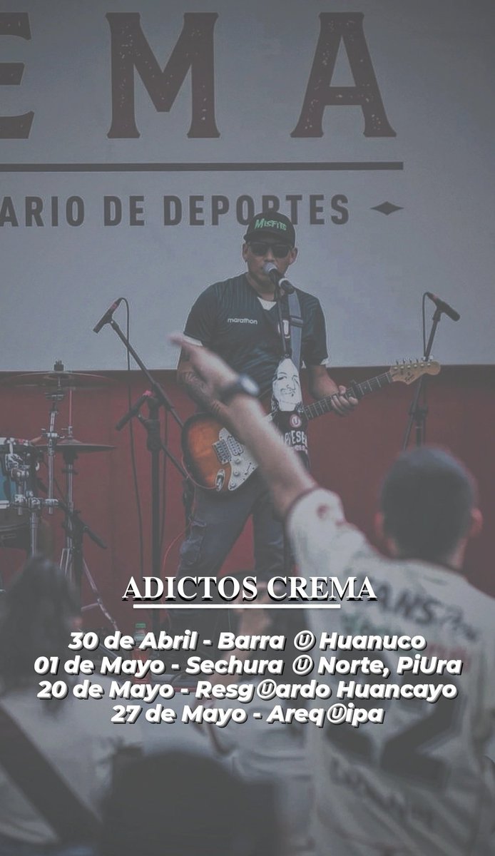 AdictosCrema9's tweet photo. Presentaciones próximos de la Banda 🔥🤙🏻

30 de Abril - Barra Ⓤ Huanuco
01 de Mayo - Sechura Ⓤ Norte, PiUra
20 de Mayo - ResgⓊardo Huancayo
27 de Mayo - AreqⓊipa https://t.co/zPubidXTTJ