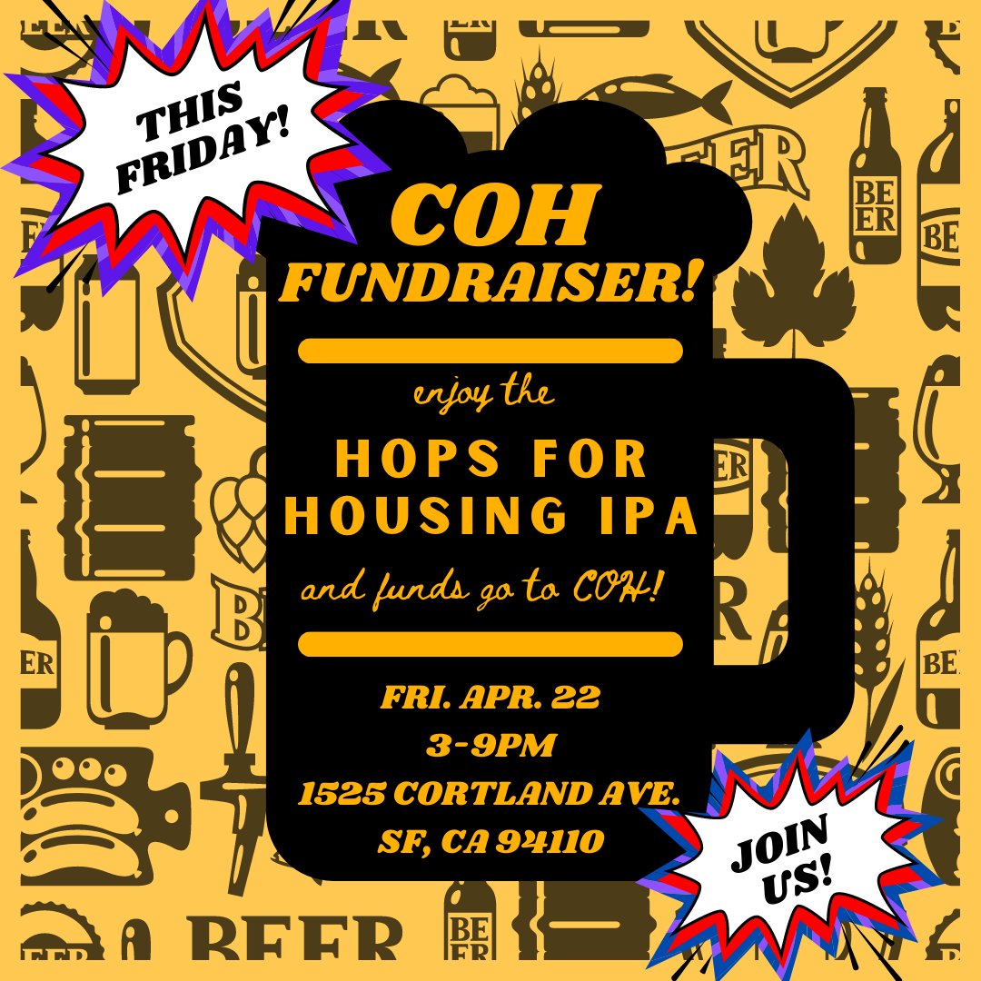 TheCoalitionSF's tweet photo. You’re invited to the Coalition on Homelessness’ first in person fundraiser since COVID!
Meet COH staff, board, and other COH members at Barebottle Brewery this Friday April 22, 2022 from 3pm-9pm!
Barebottle is wheelchair accessible and located at 1525 Cortland Ave in Bernal https://t.co/2d6wzWcUP4