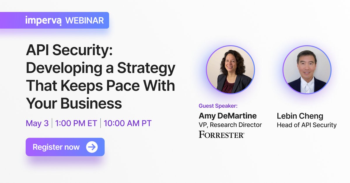 Need help securing your APIs?

Register for our upcoming #webinar to find out how with expertise from Lebin Cheng, <a href="/Imperva/">Imperva, a Thales company</a> #API security expert, and guest speaker, Forrester Research Director, <a href="/AmyDeMartine/">Amy DeMartine</a>. okt.to/oDsVbH