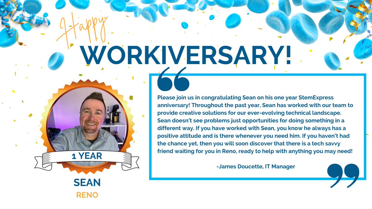 CGT_Global's tweet image. Please join us in congratulating Sean McManmon on his one-year anniversary as a StemExpresser!

#StemExpress #team #workiversary #biotech #cellandgenetherapy