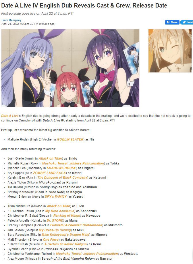 Date A Live IV Gets April Release Date