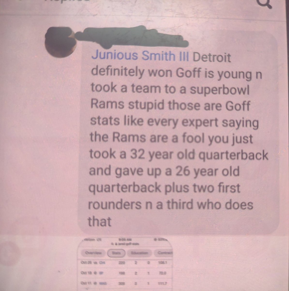 MicrowaveNC's tweet photo. #tbt when some idiot told me the Rams made a mistake trading for Matthew Stafford https://t.co/56RsnFhEUn