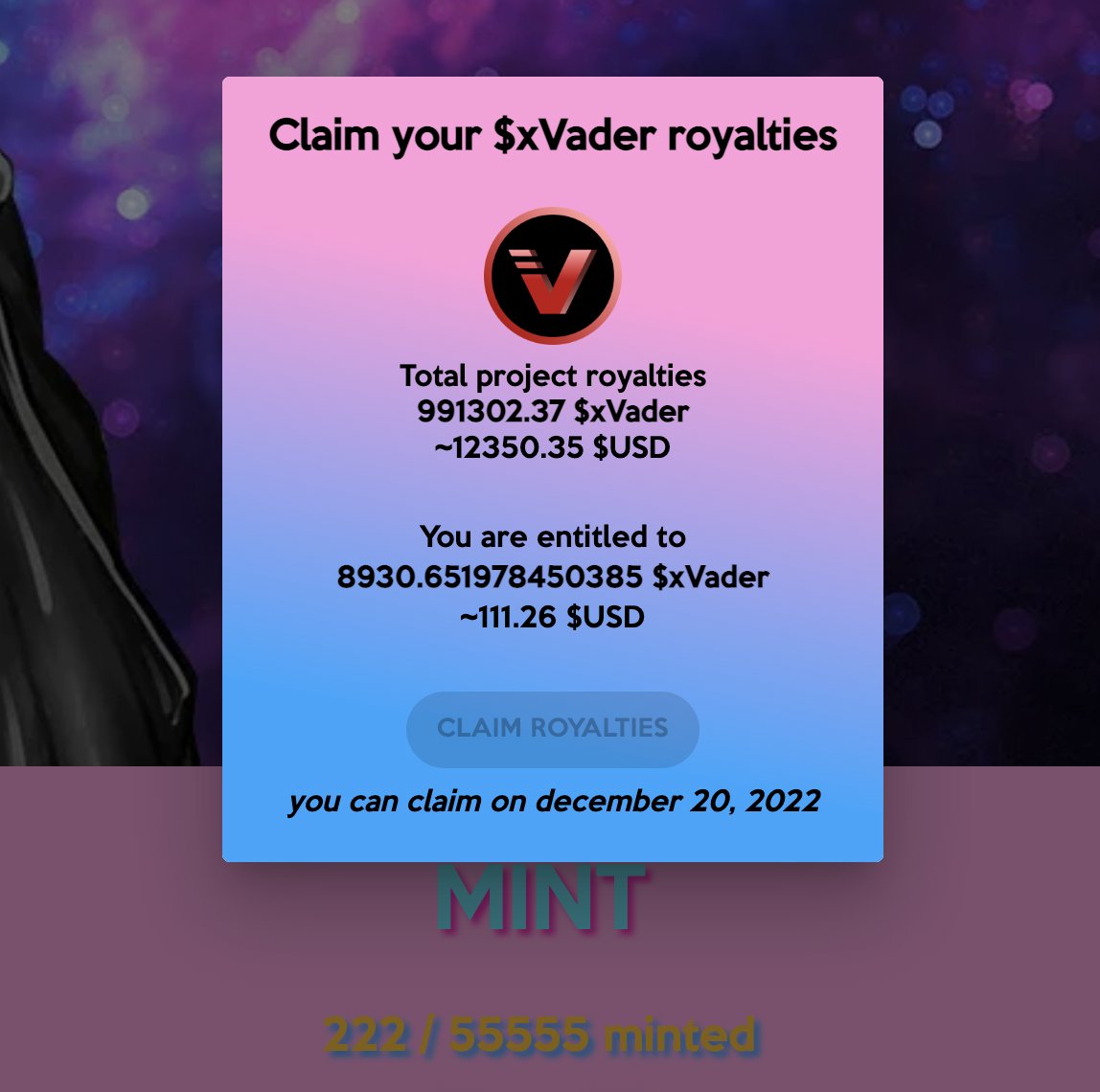 invaders_army's tweet image. We donated the equivalent of 10 MINT to the treasury and purchased and stake an additional 98,228 xVADERs, Congratulations!

At the end of the month, we will select 5 winners for USDV fees reduction.

Now is the best time to MINT @ invaders.army

$VADER $USDV