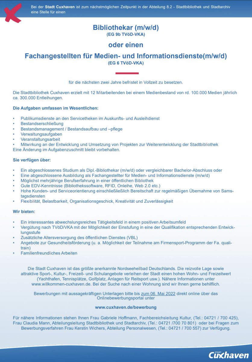 Liebe FaMis, hattet ihr schon Mal das Gefühl ihr macht den selben Job wie eure viel besser bezahlten Kolleg*innen wart euch aber nie sicher? Dann haben wir hier den Job für euch! Macht den Job eines EG 9b Bibls für EG6, eine wahre Traum-Stelle!