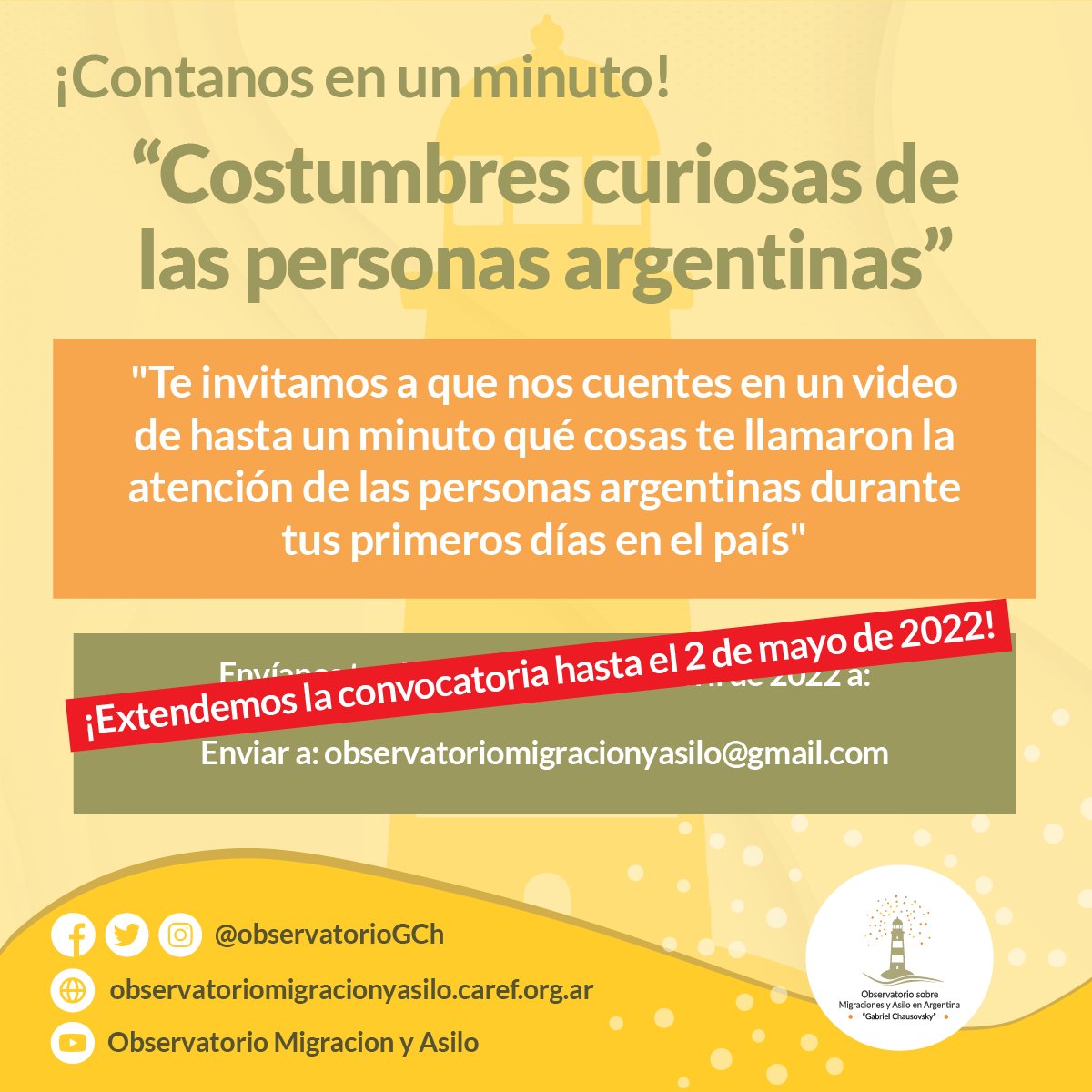 observatorioGCh's tweet photo. ¡Extendemos la convocatoria hasta el 2 de mayo de 2022!
👉🏾Invitamos a las personas migrantes a compartir un video contando qué cosas llamaron su atención durante los primeros días en el país de las personas argentinas. https://t.co/Ofp2nnDIdL