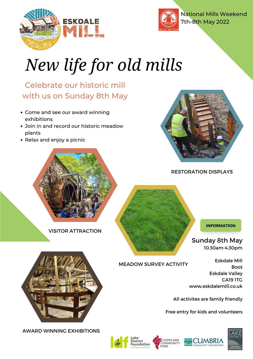 Celebrate our lovely #watermill with us on Sunday 8th May. 
@ukmills #nationalmillsweekend @rersteam @WesternLakes #copeland #kidfriendly #familyfun #ecology #meadows #volunteering #eskdale #cumbria #lakedistrict