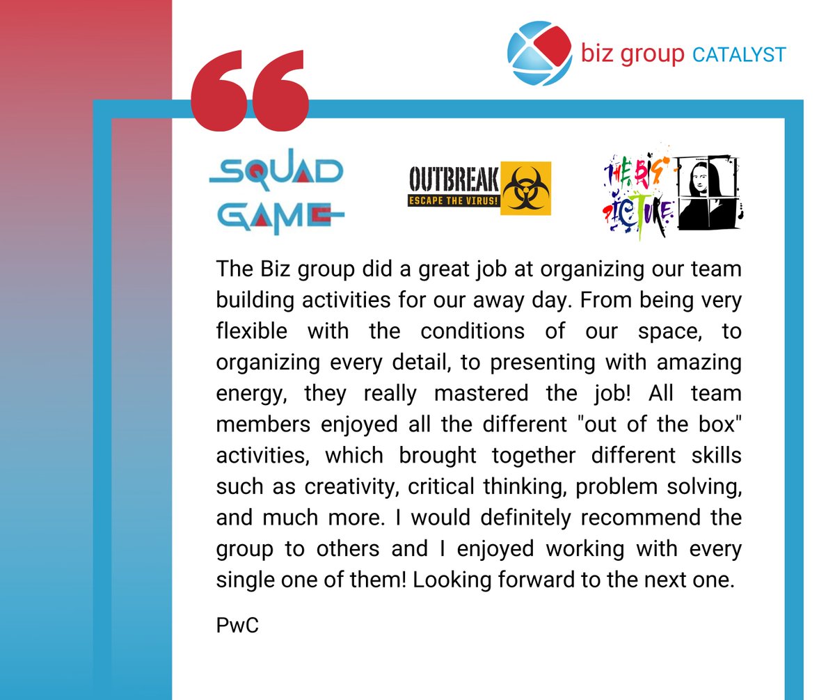 Last month, we received positive feedback from our client, PwC. The event lasted two days and included three team-building activities that tested the group's creativity, critical thinking, and problem-solving skills.

#Testimonial #PwC #teambuilding #BizGroupCatalyst