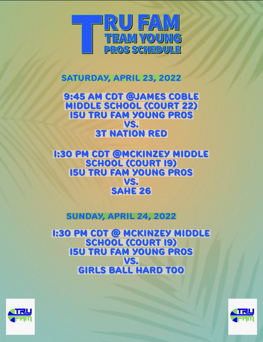 17U, 16U and 15U Tru Fam Schedules for Heart of Texas this weekend!