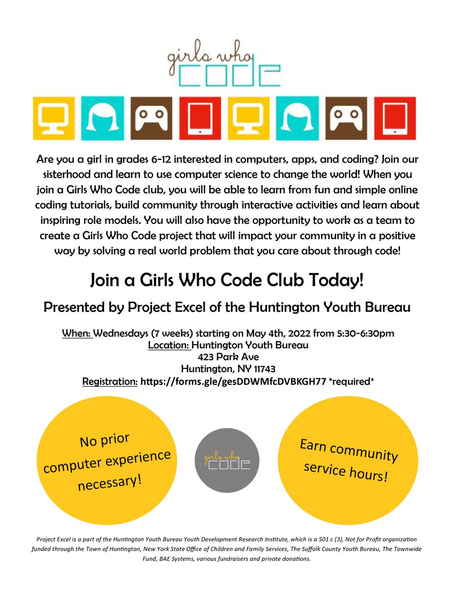 ProjectExcelHYB's tweet image. Are you a girl in grades 6-12 interested in computers, apps, and coding? Join our sisterhood and learn to use computer science to change the world!
Our Girls Who Code Group starts May 4th and meets every Wednesday at 5:30 for 7 weeks! Register here: forms.gle/gesDDWMfcDVBKG…
