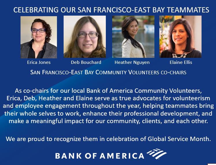 HeidiRacherla's tweet photo. #GlobalServiceMonth recognition for #SanFrancisco #EastBay @BankofAmerica #BofAVolunteers #BACCV co-chairs @deb1002 #EricaJones #HeatherNguyen #ElaineEllis & their ongoing leadership in #BetterMoneyHabits, volunteerism & community impact #ThankfulThursday https://t.co/wcZYANqEbo https://t.co/zSZ3eJwnRC