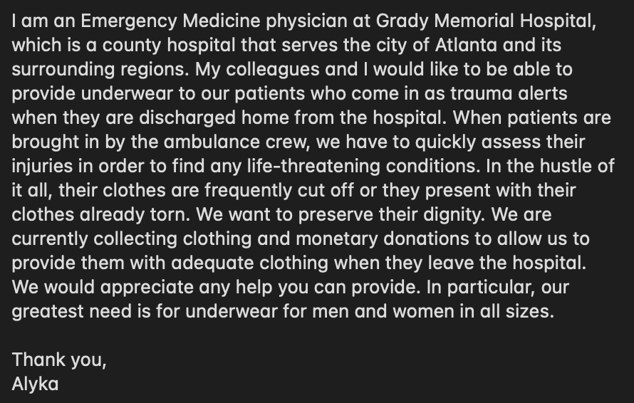 Alyka Glor Fernandez, DO (@alykaglor) on Twitter photo Dear <a href="/FruitOfTheLoom/">Fruit of the Loom</a>,
Our patients would greatly appreciate your help.
<a href="/EmoryatGrady/">Emory SOM at Grady Hospital</a> <a href="/EmoryEM/">Emory EM</a> #MedTwitter Dear <a href="/FruitOfTheLoom/">Fruit of the Loom</a>,
Our patients would greatly appreciate your help.
<a href="/EmoryatGrady/">Emory SOM at Grady Hospital</a> <a href="/EmoryEM/">Emory EM</a> #MedTwitter