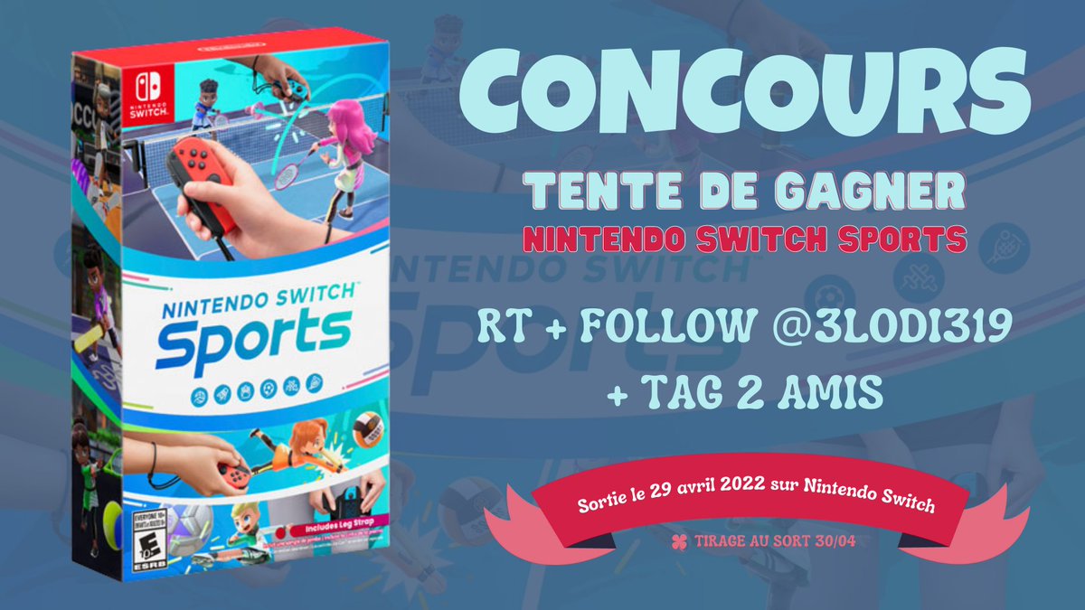3lodi319's tweet image. 🎁CONCOURS 🎁
A l'occasion de la sortie du Nouveau Jeu #NintendoSwitchSports le 29 avril
Je fais gagner un jeu switch !
Pour Participer :

🔃 RT ce tweet
❤️ Follow @3lodi319
📍 TAG 2 amis 

🍀 Tirage au sort 30/04
#switch #nintendo #concours #cadeau #Giveaway #JeuConcours
