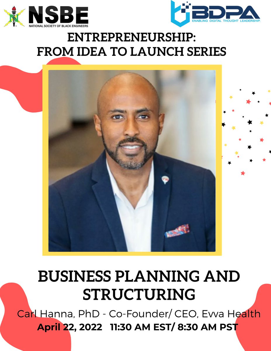 "Entrepreneurship: From Idea To Launch."

Friday April 22nd, at 11:30am EST! 
To join this session Friday, register here:
ticketfalcon.com/e/bdpatechcare…

We will be joined by Carl Hanna, Co-Founder/CEO of Evva Health, discussing "Business Planning &amp; Structuring."