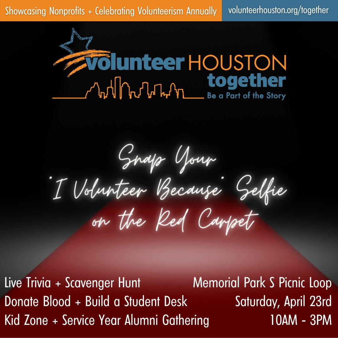 VolunteerHou's tweet photo. Why do you volunteer? Tell us all about it on the red carpet at Volunteer Houston Together Sat. April 23rd @ 10 am. https://t.co/jcwZWju672

#volunteerhouston #houstontogether #beapartofthestory
@JustserveH @HouToolBank @NeighborHOU @Verizon @eklektikdesign @soren_transport https://t.co/6TuqD55wQV