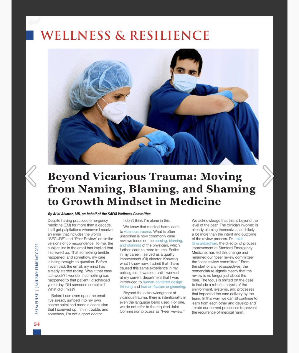 MegLeddy923's tweet photo. Great article titled Beyond Vicarious Trauma: Moving from Naming, Blaming, and Shaming to Growth Mindset in Medicine by @alvarezzzy 
SAEM Pulse January-February 2022 https://t.co/Ar1x4Oan6h via @issuu   #healmedicine https://t.co/KDNHe750gO