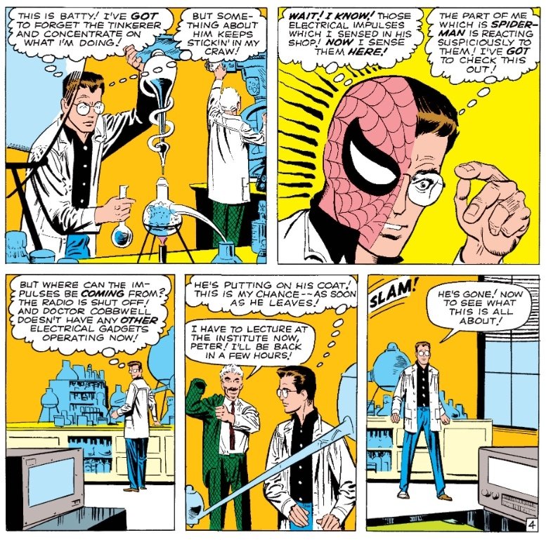 Cronicas_Marvel's tweet photo. De vuelta con Cobbwell, Peter se mosquea: Nota los mismos impulsos que en el taller y la reparación ha costado 4 duros. A mí me pasaría con lo segundo.
Cuando el profesor se va, basta un vistazo para ver que algo no cuadra. Los aliens han añadido elementos raros a la radio #ASM2 https://t.co/tRl8XuyjfA