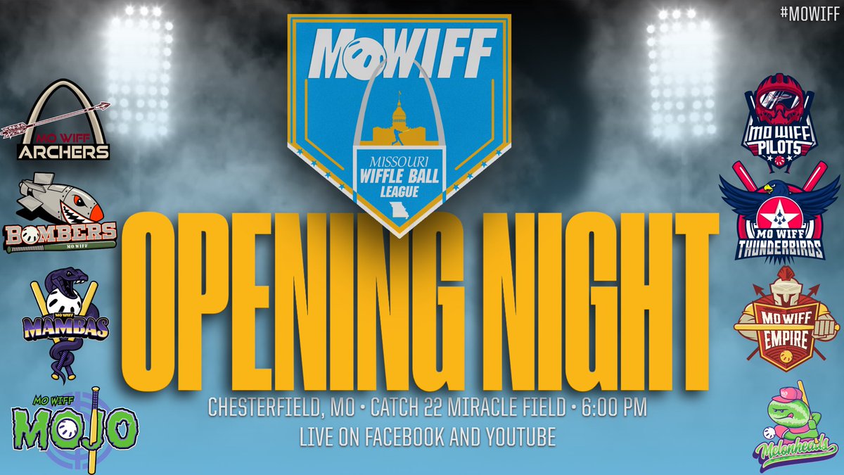 MO-Wiff (@mo_wiff) on Twitter photo Opening Night is FINALLY here!
<a href="/MO_WiffTBirds/">Thunderbirds</a> <a href="/MO_Wiff_Archers/">MO-Wiff Archers</a> making their debut.
<a href="/MO_Wiff_Pilots/">MO-Wiff Pilots</a> showing off their new name and look.
<a href="/MO_Wiff_Bombers/">MO-Wiff Bombers🏆🏆</a> <a href="/Mo_Wiff_MOJO/">MO_Wiff_MOJO</a> rematch of last years championship.
A lot to see, tune in live on FB or YouTube! Opening Night is FINALLY here!
<a href="/MO_WiffTBirds/">Thunderbirds</a> <a href="/MO_Wiff_Archers/">MO-Wiff Archers</a> making their debut.
<a href="/MO_Wiff_Pilots/">MO-Wiff Pilots</a> showing off their new name and look.
<a href="/MO_Wiff_Bombers/">MO-Wiff Bombers🏆🏆</a> <a href="/Mo_Wiff_MOJO/">MO_Wiff_MOJO</a> rematch of last years championship.
A lot to see, tune in live on FB or YouTube!