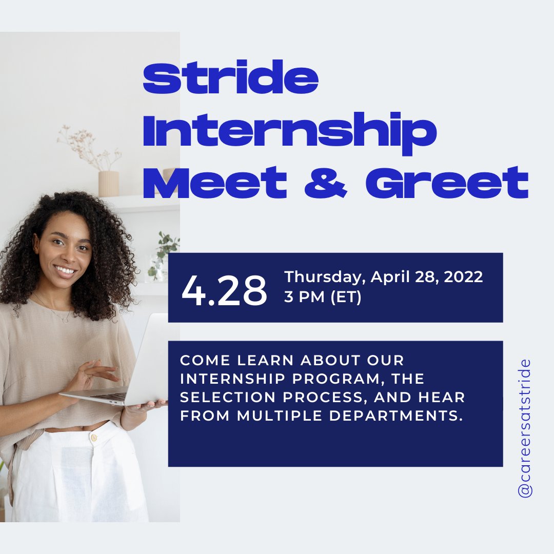 careersatstride's tweet photo. Did you know have high school and college internships? Come learn about them! We are still hiring for interns in many departments and would love for you to join us. Click the link in our bio to register.
#intern #hiring #internevent #job #interview https://t.co/bmq86A6NTX