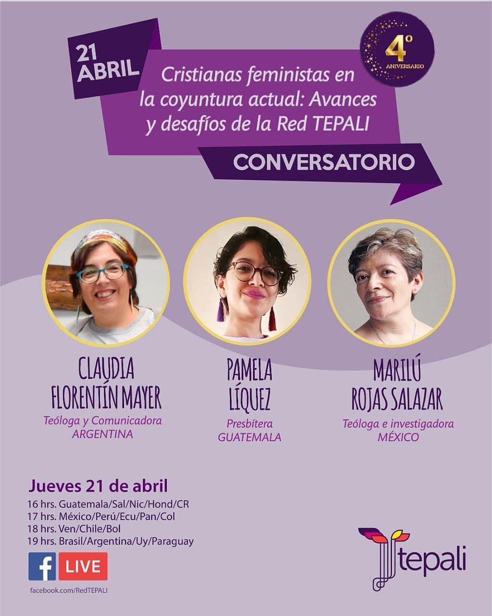 Con motivo de nuestro 4º aniversario te invitamos al Conversatorio "Cristianas feministas en la coyuntura actual: Avances y desafíos de la Red TEPALI", con tres de nuestras aliadas en Abya Yala.

¡TE ESPERAMOS ESTE JUEVES por Facebook Live!

#RedTEPALIAniversario4