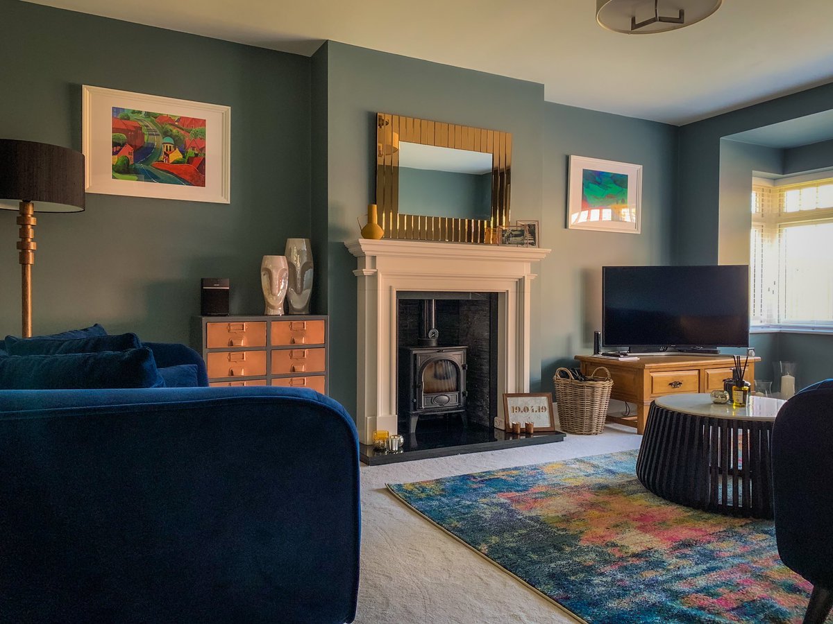 MikeBakerMedia's tweet photo. Proper pleased with the end result using @FarrowandBall’s #ColourConsultancy and their choice of #DeNimes for our living room. Rich and elegant in the day. Cosy and snug in the evening. Perfect! 👍🏼 https://t.co/zhwCKVNL3U