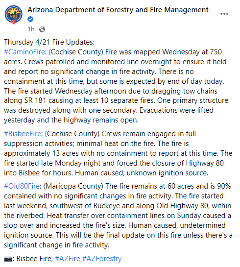 CCFirenIncident's tweet photo. #AzDFFM(~0949):Thursday 4/21 Fire Updates:
#CaminoFire: 750Acres(Cochise County) /
#BisbeeFire: 13Acres (Cochise County) /
#Old80Fire: 60Acres (Maricopa County)
#AZFire #AZForestry
For further #Updates-https://t.co/Xq2lUjtceY
https://t.co/jXZWj3nGtP https://t.co/PRuBWvlsdD