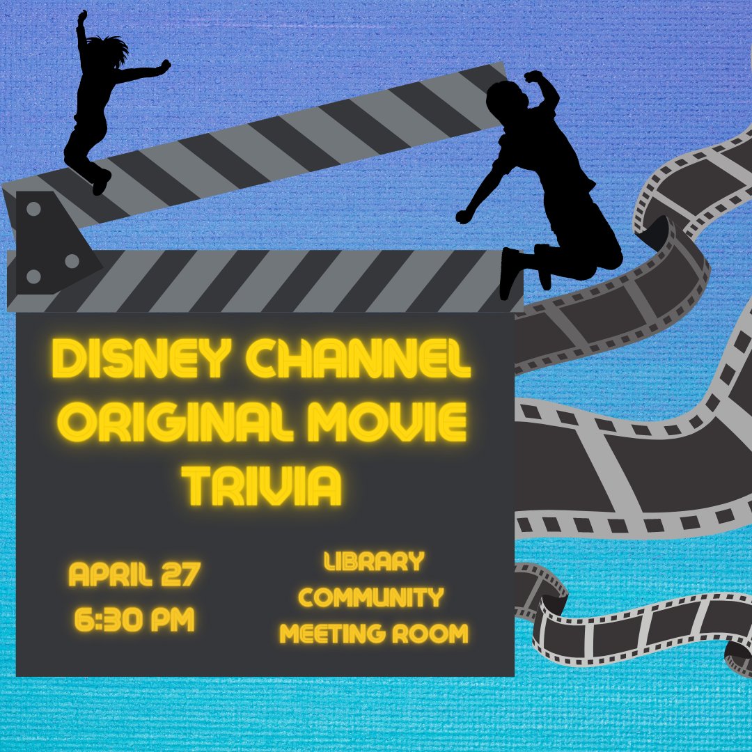 Test your knowledge among friends and foes to see who truly knows their Disney Channel Original Movies. Join us in the Library Community Room, April 27th at 6:30 PM to see who will take the trivia crown. #disneychannel #trivia #trivianight
