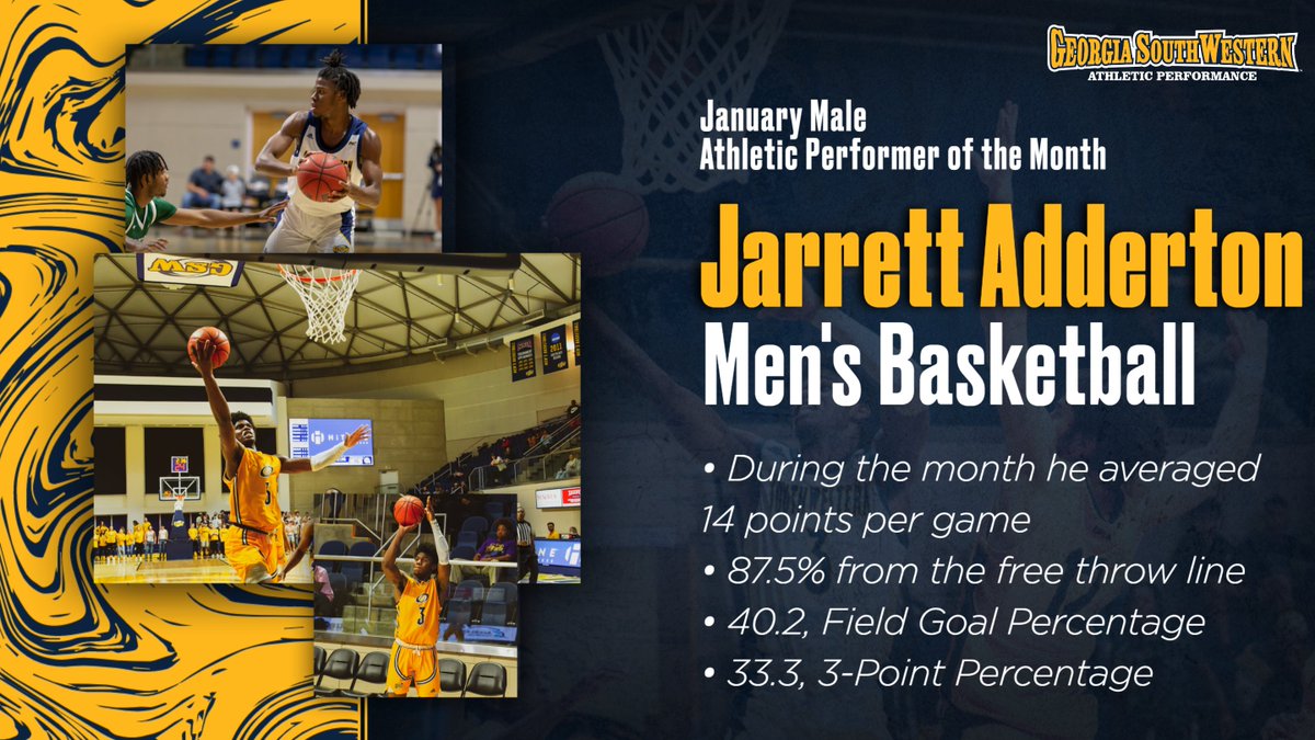 GSW_AthPerf's tweet photo. Tonight we spotlight our Male Athletic Performer of January. Jarrett Adderton of @GSW_MBASKETBALL had an outstanding month! Congrats Jarret! https://t.co/iSo5cXDYUU