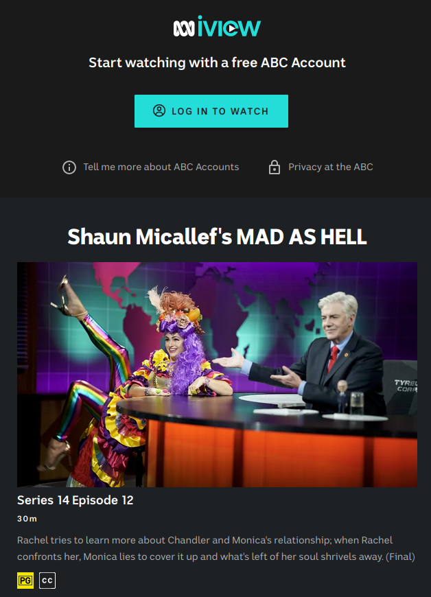 Well, <a href="/ABCaustralia/">ABC Australia</a> has actually gone ahead and turned off open access to iView, during an election campaign. Now you can't watch without your viewing data being shared with commercial partners.

Is there any political candidate who has anything to say about this?

#Auspol