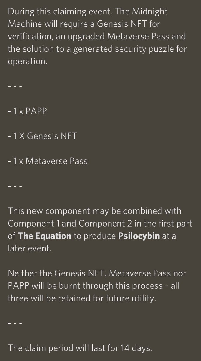 BullFath3r's tweet photo. @psychanon C3 info is here!

Key details for C3:
-Claim AEST 8am 23/04/2022
-C3 required for Psilocybin
-14 days to claim
-PAPP, Genesis, Metaverse Pass (no burning) required to claim C3
- Solve the puzzle in claim

@BAYC2745 continuously adding value to PA.

#PA #NFT https://t.co/xylDkeR7pL