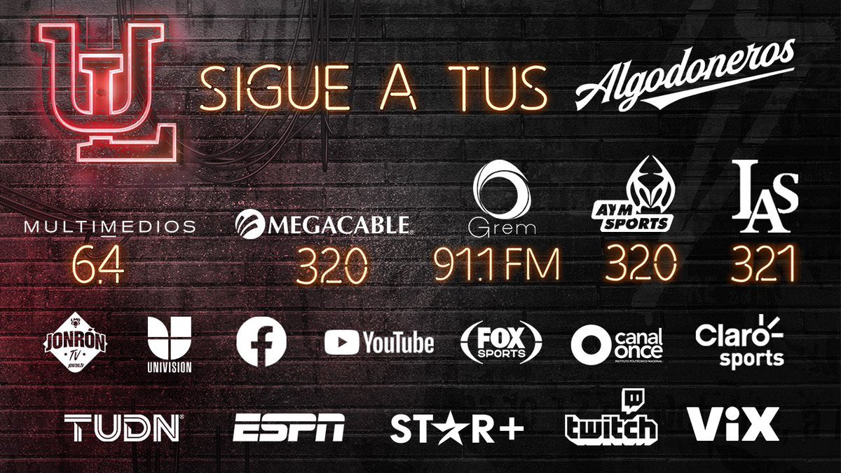 Desde plataformas digitales hasta señales internacionales 😱😉

Aquí podrás seguir los encuentros de nuestros #Algodoneros 📺📻📲

#PoderGuinda 👊🏻⚡️